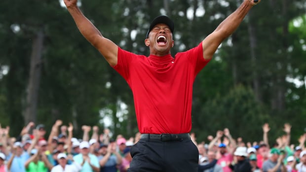 Tiger Woods celebrates after winning the 2019 Masters.
